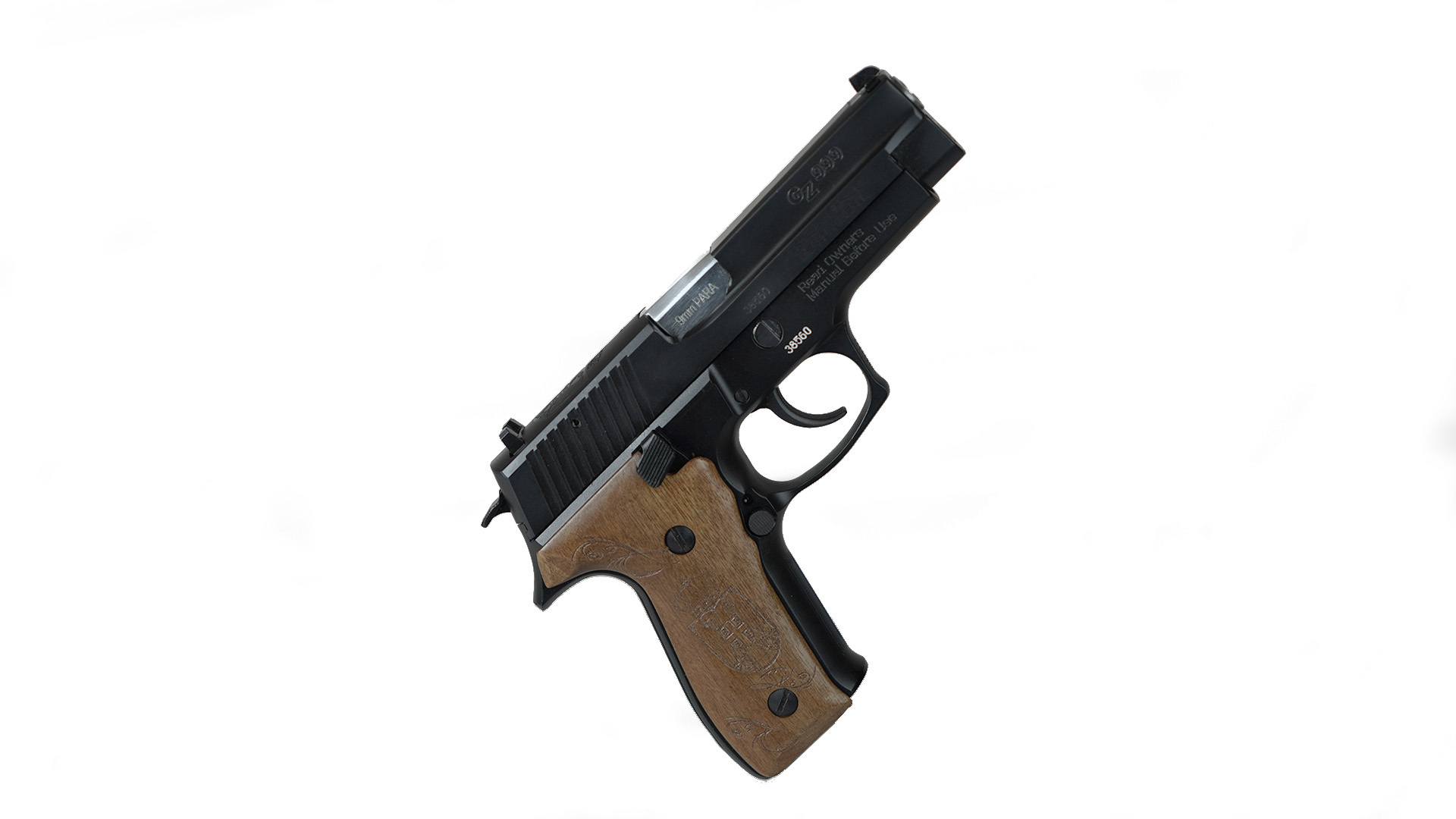 685757098748 Zastava CZ999 Pistol - Black | 9mm | 4.25" Barrel | 15rd | Engraved Wood Grips | Comes With Engraved Wood Display Case