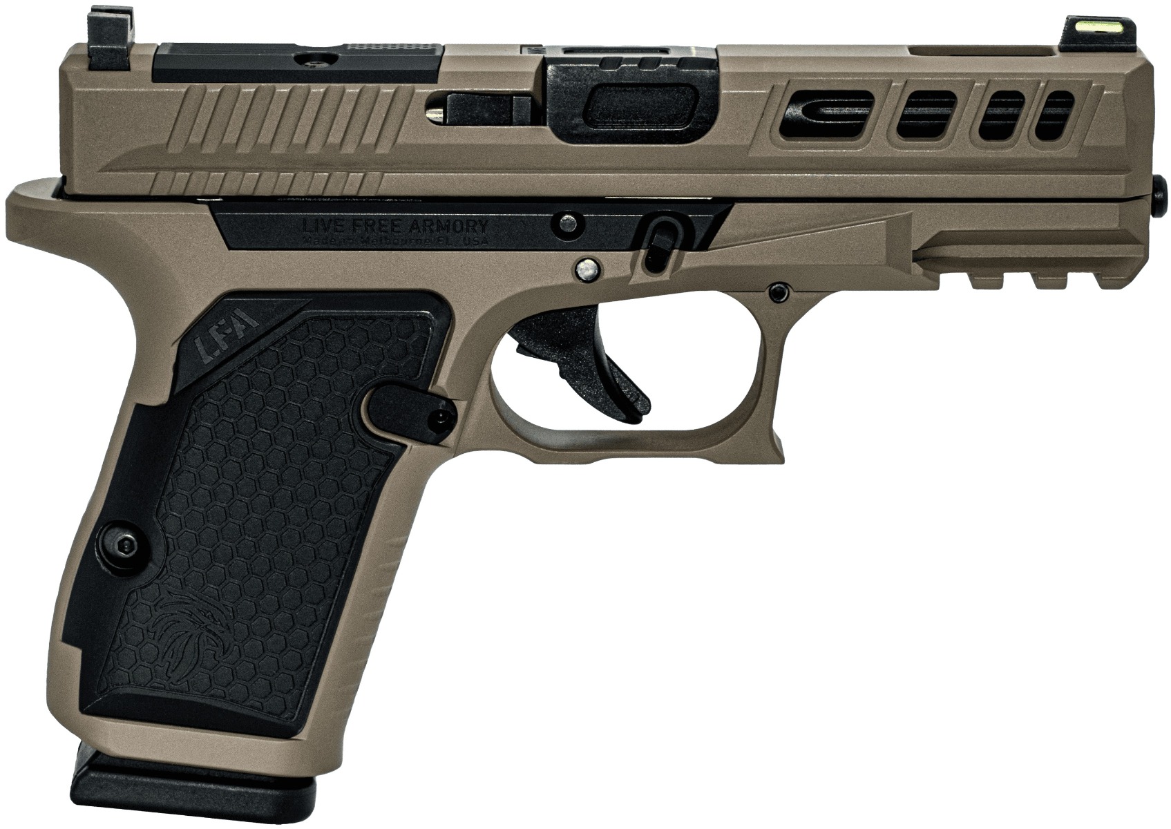 850034577586 Live Free Armory AMP Compact Pistol - FDE | 9mm | 3.9" Fluted Barrel | 15rd | Optic Cut