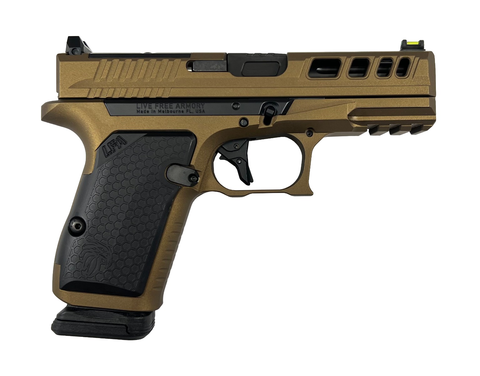Live Free Armory AMP Compact Pistol - Burnt Bronze | 9mm | 3.9" Fluted Barrel (Ported) | 15rd | Optic Cut