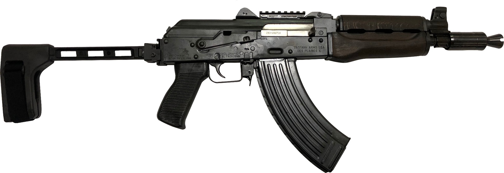 Zastava ZPAP92 Alpha AK-47 Pistol - Stained Wood Handguard | 7.62x39 | 10" Barrel | Booster Brake | FS1913 Arm Brace