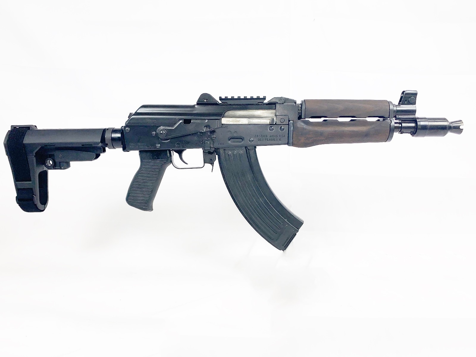 Zastava ZPAP92 Alpha AK-47 Pistol - Stained Wood Handguard | 7.62x39 | 10" Barrel | Booster Brake | SBA3 Arm Brace