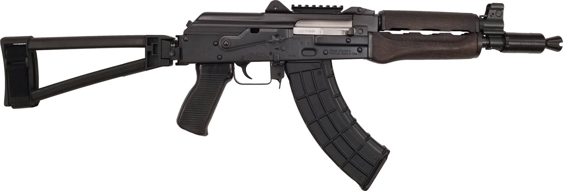 Zastava ZPAP92 AK-47 Pistol BULDGED TRUNNION 1.5MM RECEIVER - Stained Wood Handguard | 7.62x39 | 10" Chrome Lined Barrel | Booster Brake | TF1913 Folding Brace