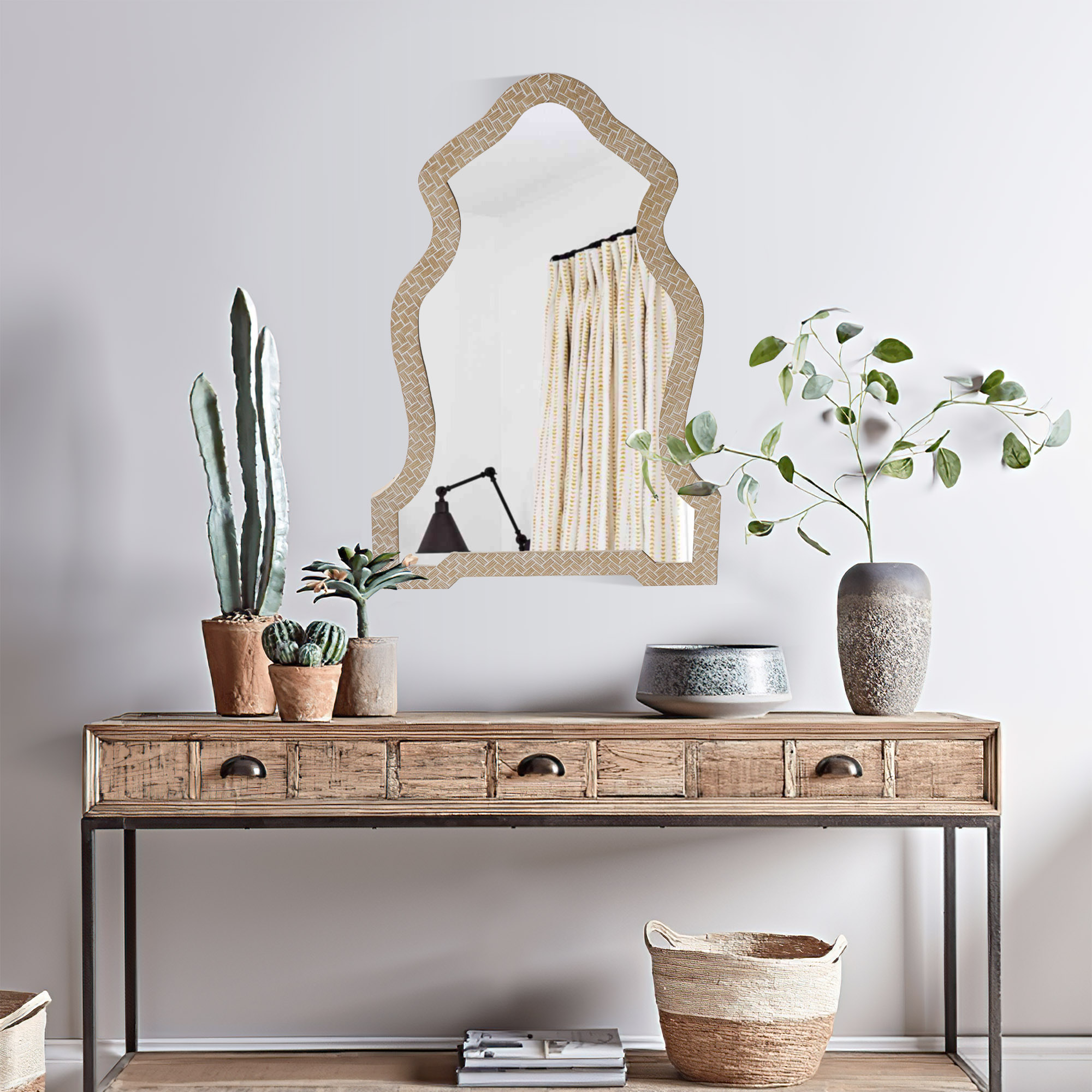 Scalloped Top Wooden Framed Wall Mirror Dunawest With Geometric Texture - Sand Brown 37 x 26 x 1 Inch