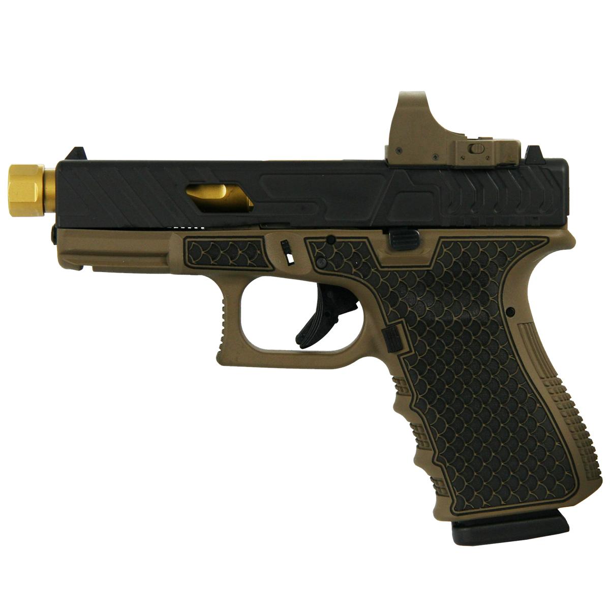 Glock 19 Gen 3 Custom "Threaded Gold Barrel Tarpon FDE Frame" Handgun 9mm Luger 15/rd Magazines (2) 4.6" Barrel with Burris Fast Fire II Red Dot Austria