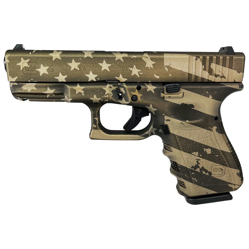 688099403232 Glock 19 Gen 3 Custom "USA Flag in Distressed Burnt Bronze" Handgun 9mm Luger 15rd Magazines (2) 4.02" Barrel Austria