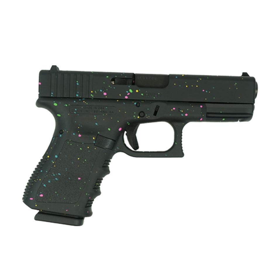 757106322955 Glock 19 Gen 3 "Multi-Color Paint Splatter Black Base" Compact Handgun 9mm Luger 15rd Magazines(2) 4" Barrel USA Made