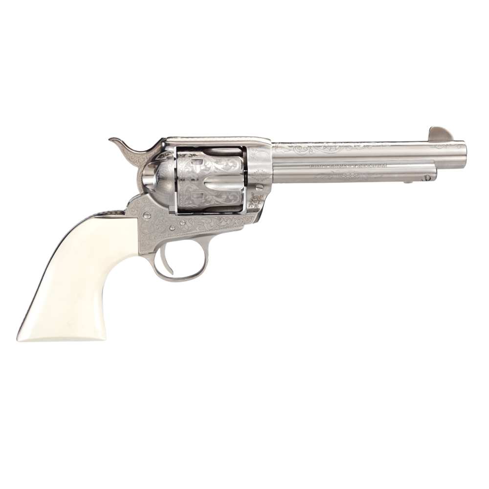 810012510493 Taylor's 1873 Outlaw Legacy Handgun .45 Colt 6rd Capacity 5.5" Barrel Engraved Nickel with White