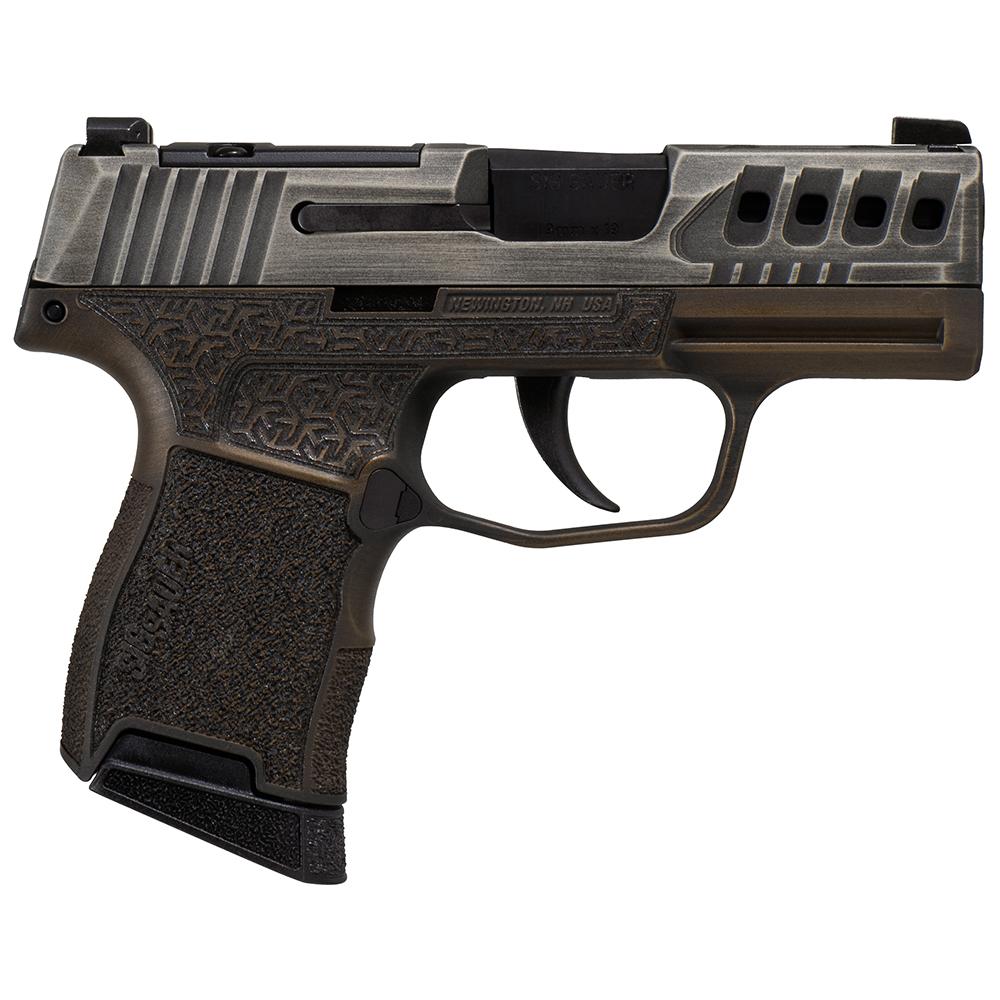 688099405816 Sig Sauer P365 "Gold Bug" Handgun 9mm luger 10rd Magazines(2) 3.1" Black Barrel Tactical Cut Distressed Grey Slide/Brown Grip Octagon Stippling
