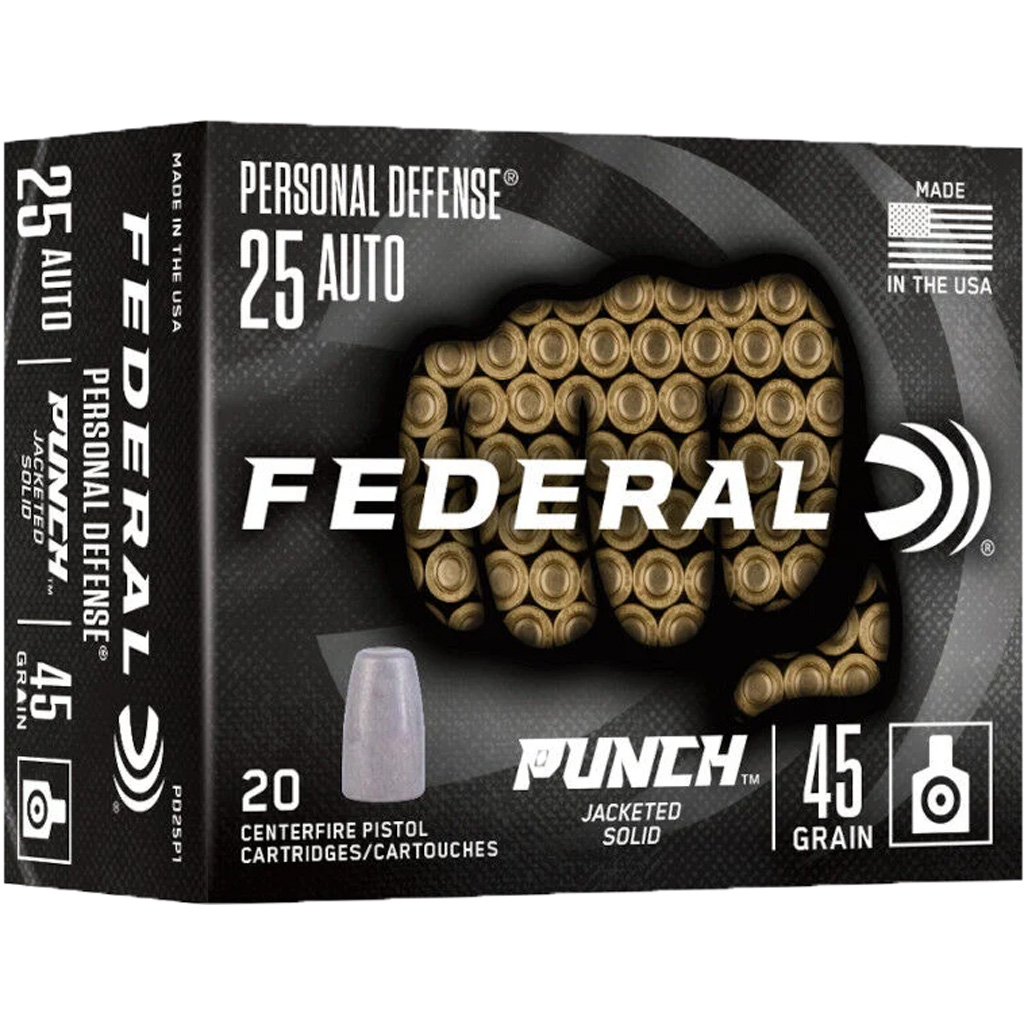 604544691627 Federal Handgun Ammo 25 Auto 45 Gr. Punch 20 Rd.