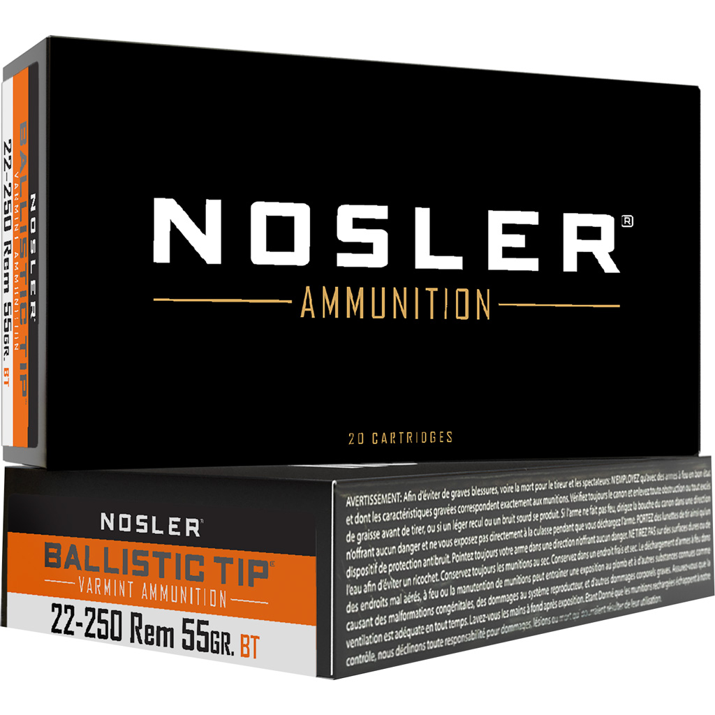 054041610346 Nosler Varmint Ballistic Tip Rifle Ammunition 22-250 Rem. 55 Gr. Bt Sp 20 Rd.