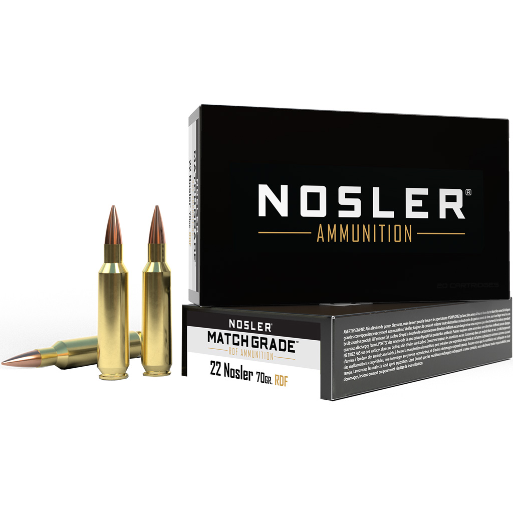 054041601245 Nosler Match Grade Rifle Ammunition 22 Nosler 70 Gr. Rdf Hpbt 20 Rd.