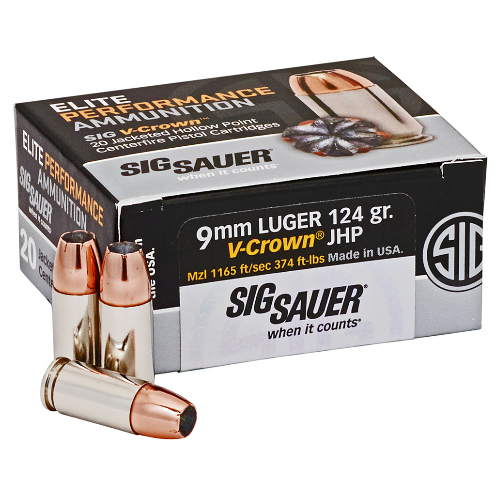 798681458202 Sig Sauer Elite V-crown Performance Pistol Ammo 9mm 124 Gr. Jhp 20 Rd.