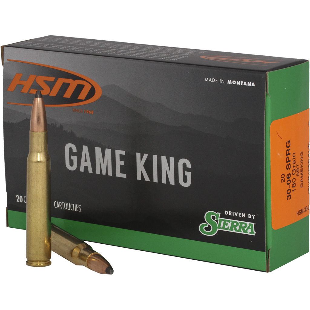 Hsm Game King Rifle Ammunition 30-06 Spgf Sierra Spitzer Bt 180 Gr. 20 Rd.