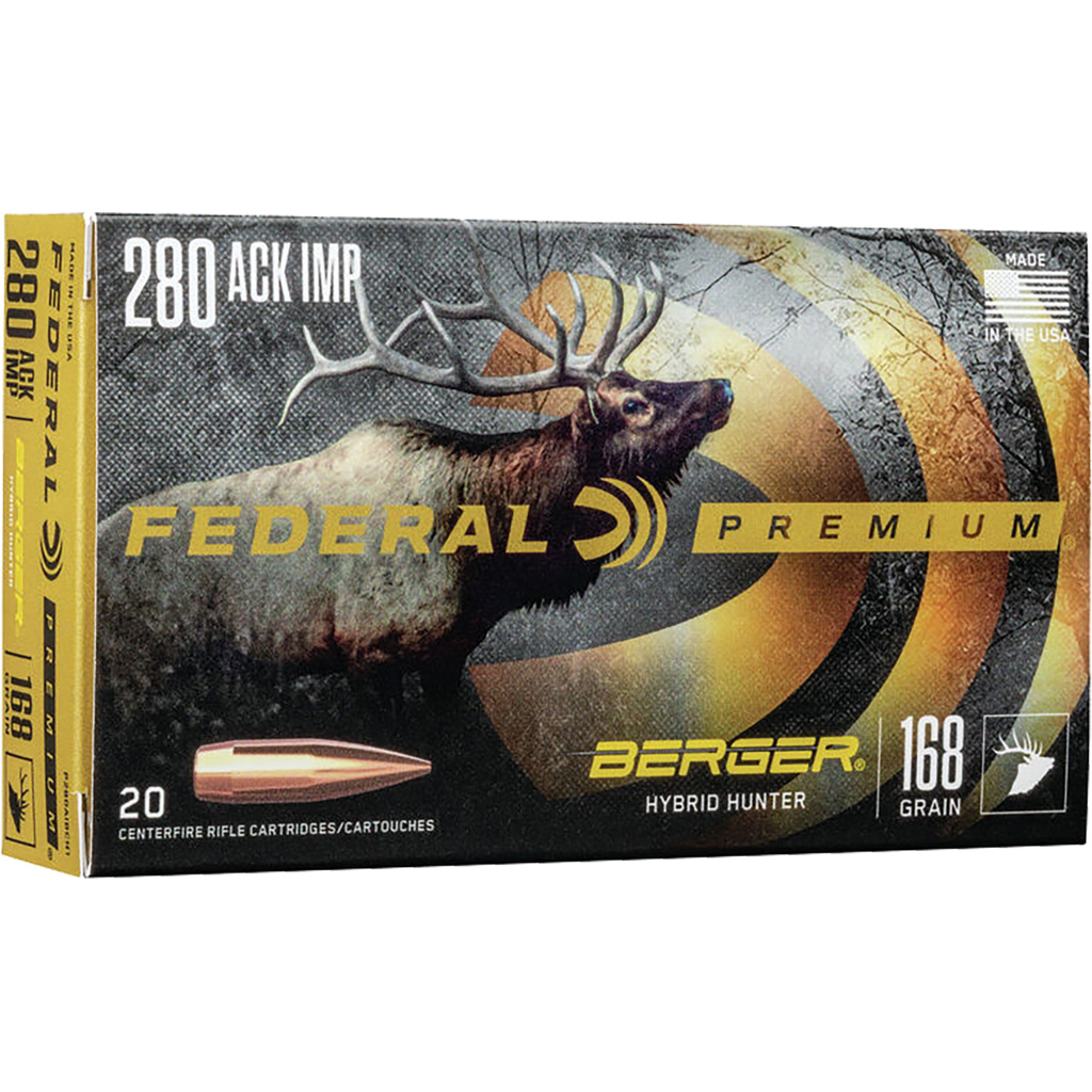 604544649239 Federal Premium Rifle Ammo 280 Ackley 168 Gr. Berger Hybrid Hunter 20 Rd.
