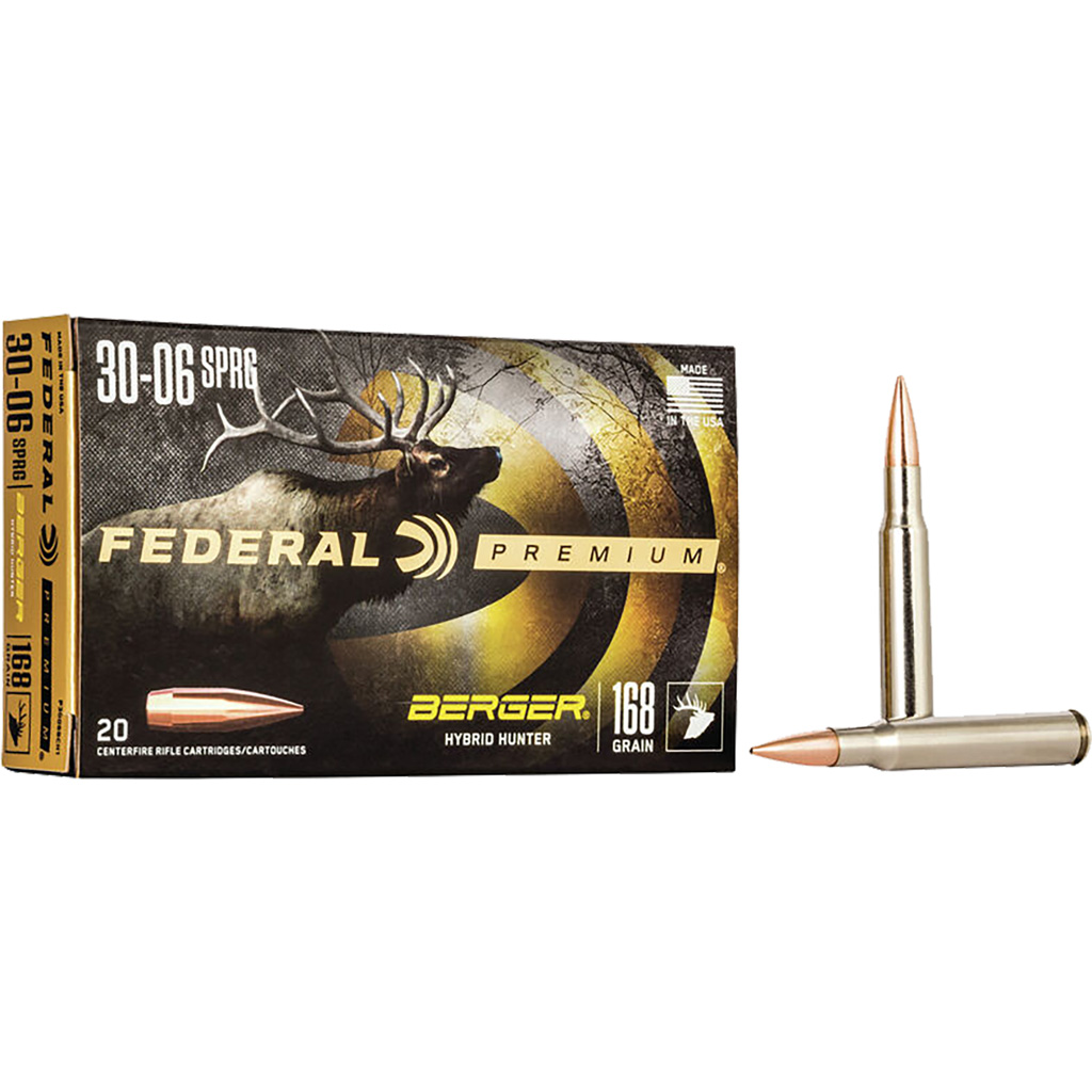 604544649246 Federal Premium Rifle Ammo 30-06 Sprg. 168 Gr. Berger Hybrid Hunter 20 Rd.