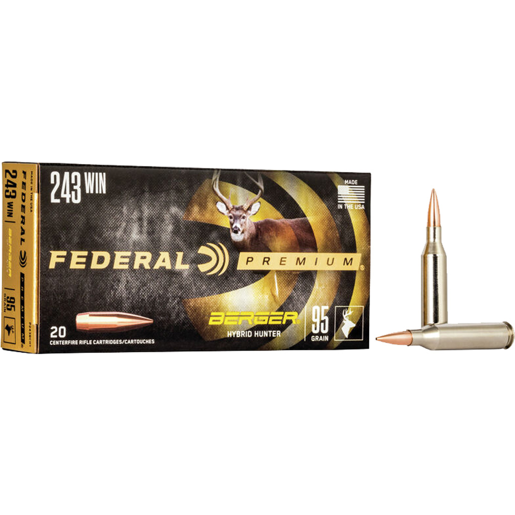 604544649208 Federal Premium Rifle Ammo 243 Win. 95 Gr. Berger Hybrid Hunter 20 Rd.