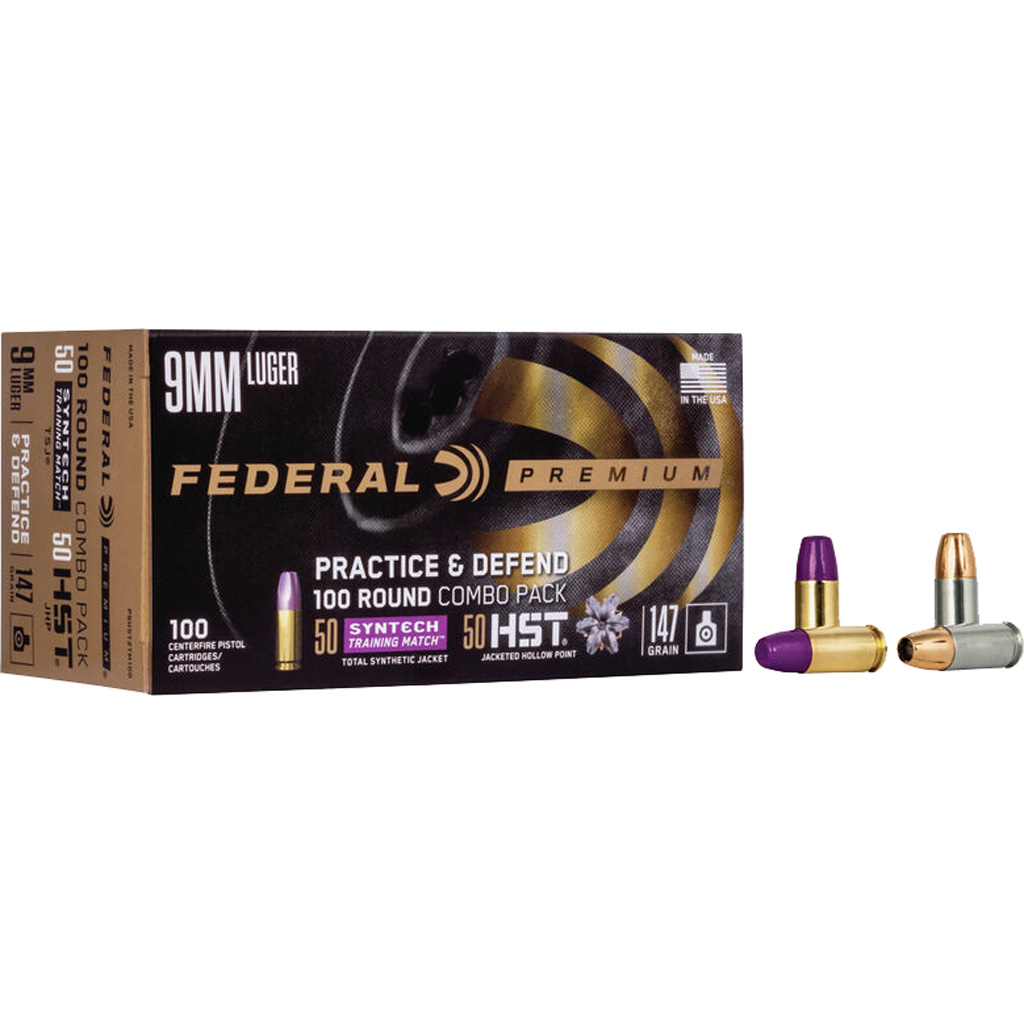 604544653601 Federal Practice & Defend Pistol Ammo 9mm 147 Gr. Hst/synthetic 100 Rd.
