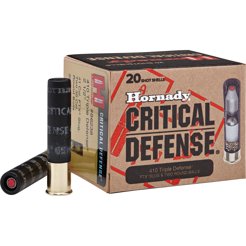 090255862386 Hornady Critical Defense Ftx Slug Pistol Ammo 410 Ga. 2.5 In. 2 Round Balls/1 Slug Shot 20 Rd.