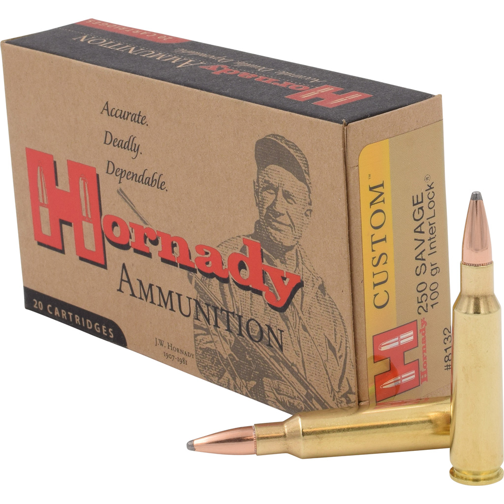 090255381320 Hornady Custom Rifle Ammo 250 Savage 100 Gr. Interlock Spire Point 20 Rd.